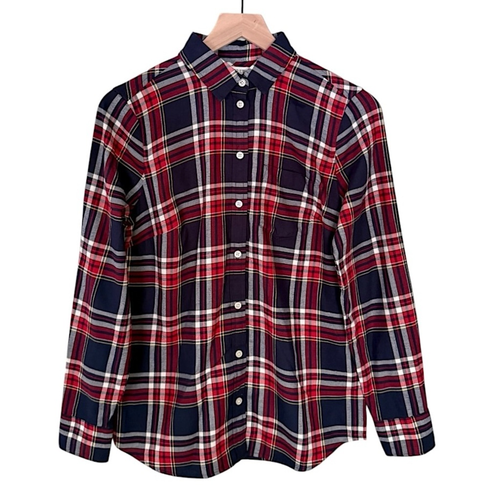 NWT J. Crew Factory Women’s Flannel Button Front Shirt Boy Fit Red Blue Plaid XS